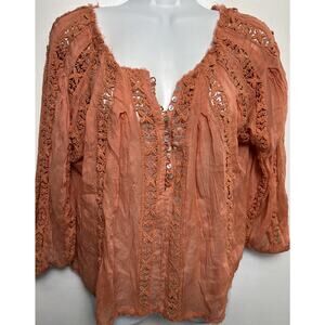 Free People One Top XS Coral Boxy Sheer Crochet Crop Shirt Boho Romantic Loose
